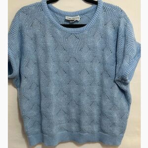 Milestone Vintage Light Blue Short Sleeve Pointelle Knit Sweater Size L Shimmer